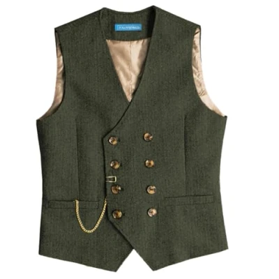 Imagen de Solovedress chaleco de traje lana vintage para hombre, ajuste regular, boda, verde militar, L