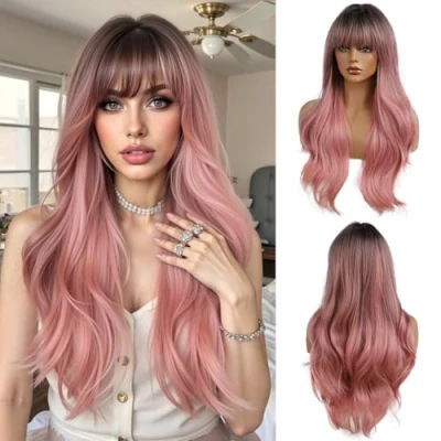 Imagen de OUFEI 24 pulgadas de largo ondulado rosa natural ámbar pelucas las mujeres pelo sintético con raíces oscuras para el uso diario Cosplay Partido