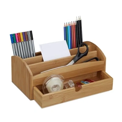 Imagen de Relaxdays, Marrón Organizador de Escritorio, Cuatro Compartimentos, Cajón, Multiusos, Bambú, 11 x 27,5 15 cm, 1 Ud, 27.5 cm