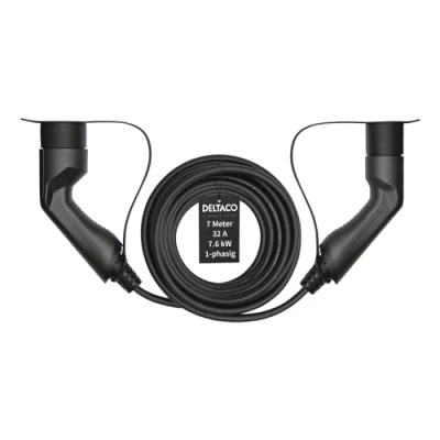 Imagen de DELTACO Cable de Carga Tipo 2 para Coches eléctricos y vehículos híbridos, Mennekes, Compatible con ID.3, ID.4, Zoe, E Tron, Modelo S/3/X/Y, Leaf, 1 Fase, 32 A, 7,6 kW, 7 Metros