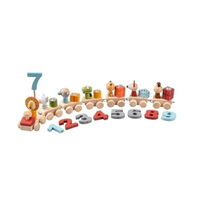 Imagen de GREEN RHINO tren de madera para niños aprendizaje lúdico con elementos juguete en caja regalo (tren cumpleaños)