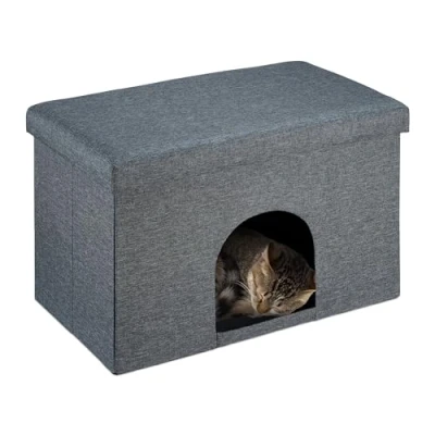 Imagen de Relaxdays Color Gris Cueva para Gatos con Asiento, Taburete Plegable Casita Perros y Felinos, 38,5 x 64,5 37,5 cm, Tablero de Fibras