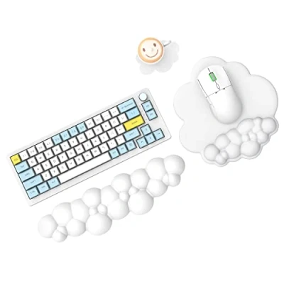 Imagen de MAMBASNAKE Cloud Mouse Pad y Teclado reposamuñecas con Posavasos, cómodo cojín de Espuma viscoelástica para muñeca Base Antideslizante, ergonómico, Color Blanco