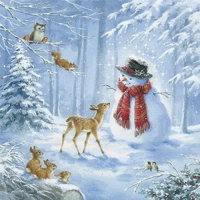 Imagen de 20 Servilletas de Navidad animales jugando con muñeco nieve como decoración mesa. papel diseño. También para decoupage y (33 x 33 cm)