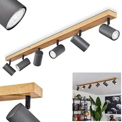 Imagen de lámpara de techo Javel, moderna metal en aspecto madera/marrón/gris, con pantallas orientables, 6 llamas, x GU10, sin bombilla(s)