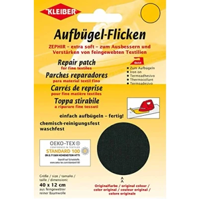 Imagen de Kleiber Parche de reparación termoadhesivo, algodón, 40 x 12 cm, para Telas Tejido Fino, Color Negro