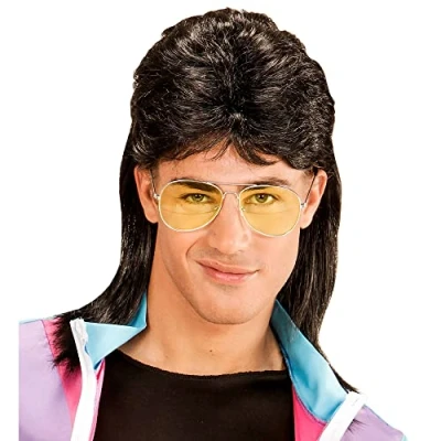 Imagen de Widmann 01853 Peluca mullet con gafas, años 80, pelo sintético, peinado estilo retro para fiestas horteras, carnaval o temáticas, negro