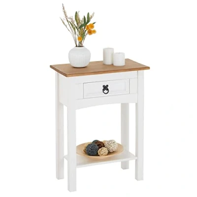 Imagen de mesa consola Campo estilo mexico, pequeña auxiliar de pino macizo con 1 cajón, aparador en blanco/marrón