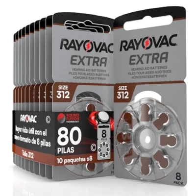 Imagen de 80 Pila para Audífonos Rayovac Extra 312. 10 Pack de 8 Unidades Baterías Audífono