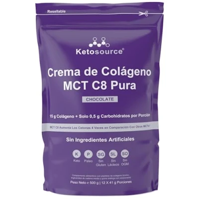 Imagen de Crema de Colágeno MCT C8 Pura Sabor Natural a Chocolate Cacao Se Mezcla Fácilmente Sin Grumos Polvo Colageno Hidrolizado Puro para Keto Coffee y Diet 500g Productos Ketosource
