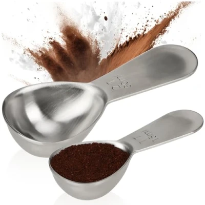 Imagen de COM FOUR® 2x cucharas de café acero inoxidable medidoras en dos tamaños con mango ergonómico para cocinar (color plateado 30ml + 15ml)