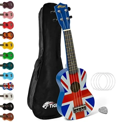 Imagen de Tiger UKE10 UK Ukelele soprano para principiantes con funda, diseño de bandera británica
