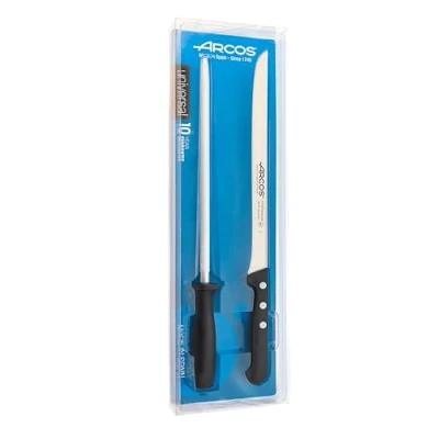 Imagen de Arcos Conjunto Cuchillos cortar y jamoneros laerie Universal et 2 piezas (1 Cuchillo + 1 afilador acero) Hoja Acero Inoxidable Nitrum Mango polioximetileno (POM) en color negro,.