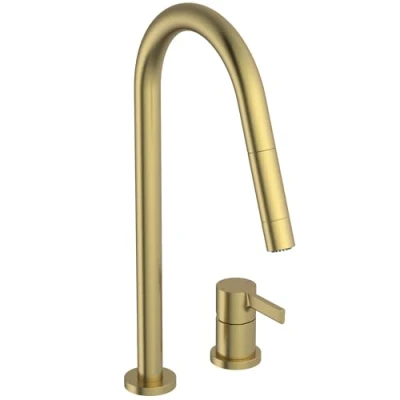 Imagen de Ideal Standard Gusto, Mezclador monomando para fregadero de cocina dos orificios, Boca alta tubular con alcachofa giratoria y extraíble funciones, Brushed Gold