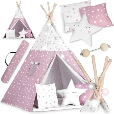 Imagen de NUKIDO Tipi Infantil de algodón y Marco Madera con Estera Aislante, 3 Cojines, Guirnalda aireada, 120 x 165 cm, Rosa Estrellas