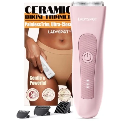 Imagen de afeitadora íntima para mujer, eléctrica con 3 dispositivos de protección y cabezales cuchillas cerámica intercambiables, juego cuidado mujer LADYSPOT™ (rosa)