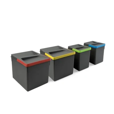 Imagen de EMUCA Contenedores para cajón de cocina Recycle, Basura con tapa anti olores, H 216 mm (2 x 12 L + 2 x6 L), Plástico gris antracita