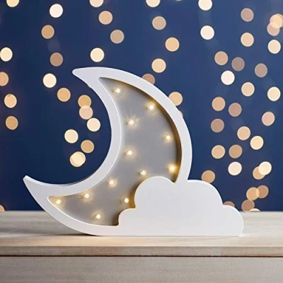 Imagen de Lights4fun Lámpara de Mesa Madera en Forma Luna y Nube con 12 LED Blanco Cálido a Pilas Decoración para Habitaciones Niños