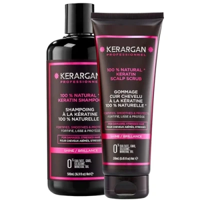 Imagen de Kerargan Dúo Champú y Exfoliante Capilar con Queratina para Cabello Dañado Estresado Purifica, Fortalece Protege Sin Sulfatos, Parabenos ni Siliconas 500ml + 250ml