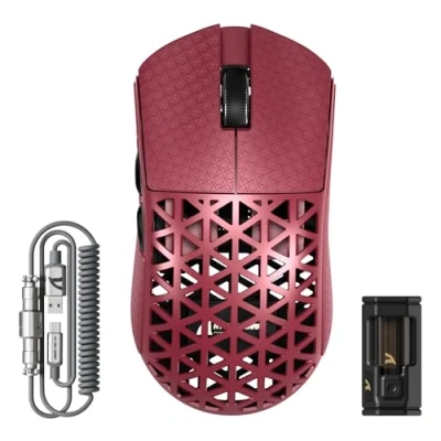 Imagen de ATTACK SHARK R5 Ultra Ratón Gaming Inalámbrico de Fibra Carbono 8000Hz, 39g Superlight, 42000DPI, PAW3950MAX, Nordic 52840, Bluetooth/2.4G/USB C Cableado, 8K Cable Espiral, para PC/Mac, Rojo