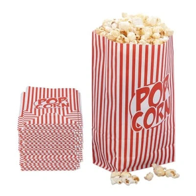 Imagen de Relaxdays Bolsas de Palomitas, Set 100, a Rayas, Retro, Cine, Noches Peli, Papel, Bolsitas Snacks, Rojo/Blanco, 26x13x8 cm