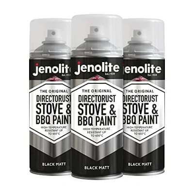 Imagen de JENOLITE Directorust Pintura en aerosol para barbacoa y estufa NEGRO Resistente a temperaturas muy altas hasta 650C Barbacoas, estufas, chimeneas, automoción 3x400ml
