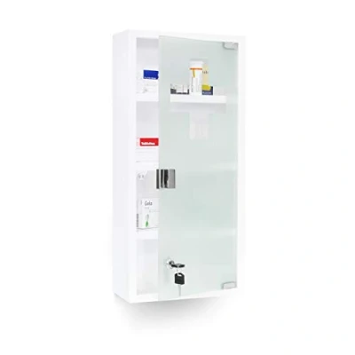Imagen de Relaxdays Armario Botiquín XXL, Mueble Primeros Auxilios, 57 x 27 12 cm, 4 Baldas, Puerta Magnética con Llave, Blanco