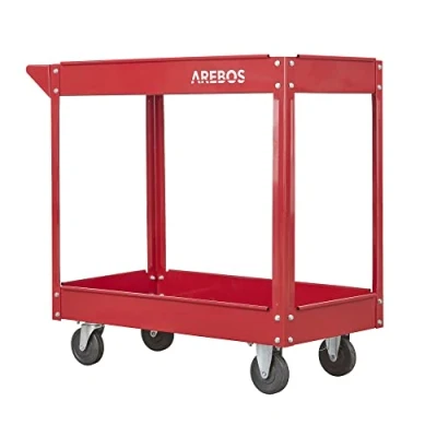 Imagen de Arebos Carro de Taller con Ruedas Herramientas Mano Montaje 2 Compartimentos Capacidad Carga hasta 100 kg Rojo