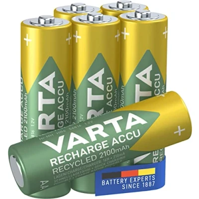 Imagen de Varta Recharge Accu Recycled, Pilas de NiMh AA Micro recargable (paquete 6 unidades, 2100 mAh) hechas con un 11% materiales reciclados Recargables sin efecto memoria