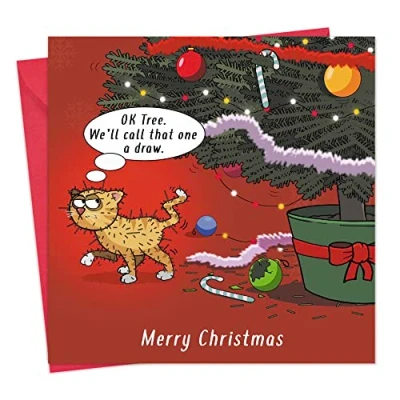Imagen de Twizler tarjeta de Navidad con gato y árbol Navidad, felicitación navideña, divertidas tarjetas para hombre
