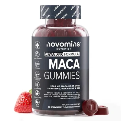 Imagen de Maca Negra Peruana 2000mg 60 Gominolas con Raíz de Maca, L Arginina, Vitamina B12 y B6 Pura para Libido, Energía Vitalidad Vegano Sin Gluten Novomins