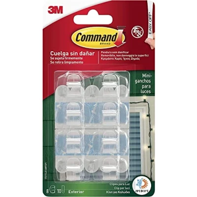 Imagen de Command Clips de Plástico para Colgar Luces en Exteriores, 8 y 10 Tiras Adhesivas Decora Sin Dejar Marcas, Agujeros o Residuos Pegajosos