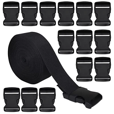 Imagen de RETON 38MM 10 Yardas Negro Correa de Nylon Correas + 15 Piezas Hebillas Ajustables plástico Lateral liberación (38MM, Piezas)