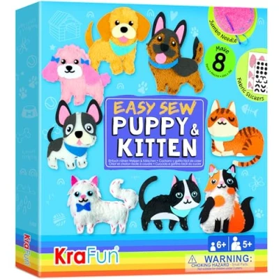 Imagen de KRAFUN Kit de costura fácil para manualidades y niños principiantes, 8 proyectos sencillos bricolaje muñecos peluche cachorros gatitos, perros gatos, instrucciones