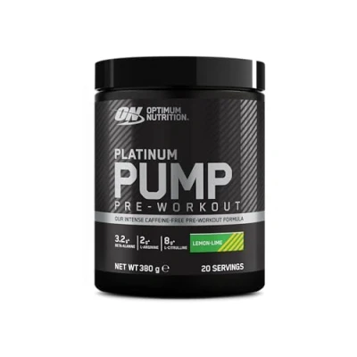 Imagen de ON Platinum PUMP Pre Entrenamiento, Suplemento Alimenticio Entrenamiento Intenso sin Cafeína con Fruitflow, Beta Alanina, L Arginina, Citrulina, Sabor Lemon Lime, 20 porciones, 380 g