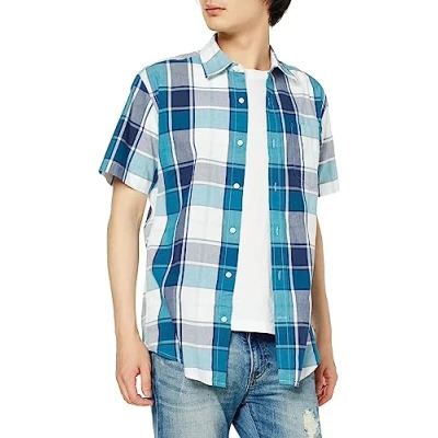 Imagen de Amazon Essentials Camisa de Popelín Manga Corta Ajuste Normal Hombre, Cian Oscuro Blanco Cuadros Grandes, L