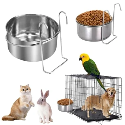 Imagen de ZHYUAN 2 comederos de acero inoxidable con ganchos, comedero para jaula perros, colgar en la jaula, gatos, animales pequeños