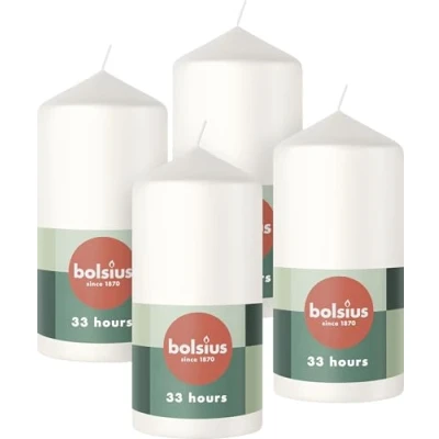 Imagen de Bolsius Velas decorativas para el hogar, color blanco, 4 unidades, 12 x 6 cm, largo tiempo de combustión 33 horas, sin perfume, 5% cera vegana natural, aceite palma Valentin