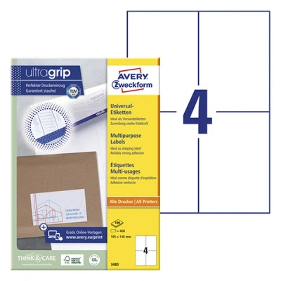Imagen de Avery 3483 Pack de 100 Hojas con Etiquetas imprimibles polivalentes, 105 x 148 mm