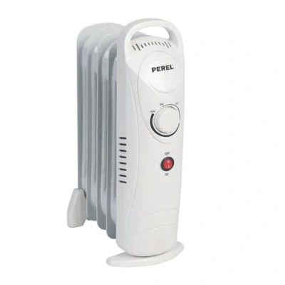 Imagen de Perel Radiador de aceite 700W con 7 elementos, termostato ajustable, asa, ruedas, protección contra sobrecalentamiento y vuelco, calefactor portátil, mini, silencioso eficiente para habitaciones