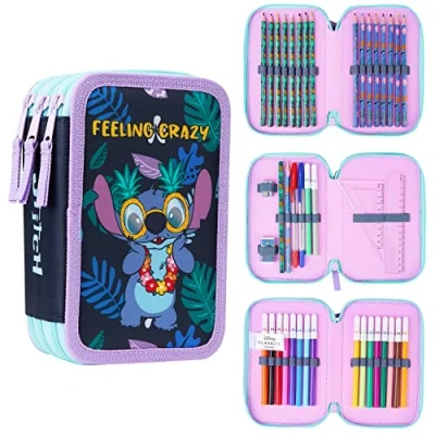 Imagen de Disney Estuche de Lápices con Papelería para Niñas, Estuches Escolares, Colores, Rotuladores (Stitch Cremallera Triple)