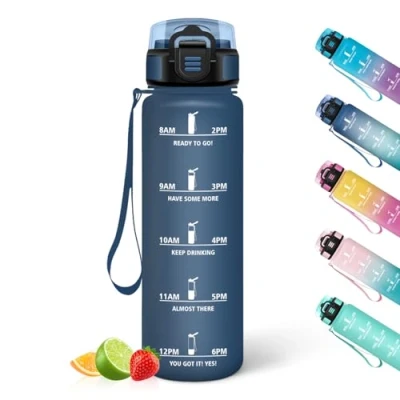 Imagen de HoneyHolly Botella Agua, 1L, Marcador de Tiempo, Portátil, Water Bottle, Reutilizable, Agua Gimnasio, A Prueba Fugas, Cantimplora para Ciclismo, Oficina y Exteriores