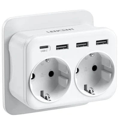 Imagen de LENCENT Ladron Enchufe 4000W, 6 en 1, 2 Tomas de CA, 3 USB y 1 Tipo C, Multiple Pared, Cargador Móvil, Adecuedo Familia, Cocina Oficina