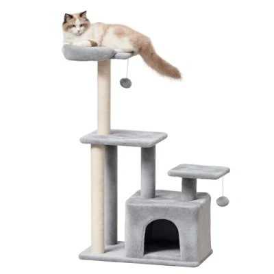 Imagen de PawHut Árbol Rascador para Gatos Altura 114 cm Torre con Postes de Sisal 3 Plataformas Casita y 2 Bolas Colgantes Gris Claro