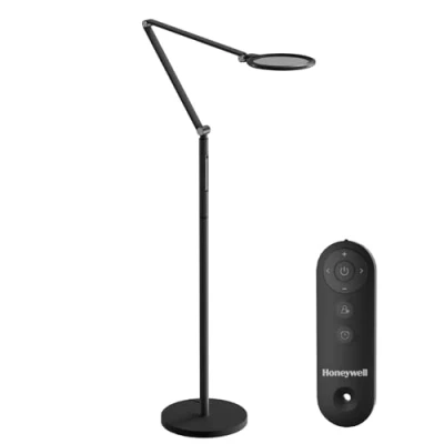 Imagen de Honeywell lámpara de pie LED F01WT Sunturalux luz regulable para el cuidado los ojos con control remoto, natural, 5 colores y brillos, alta oficina en casa