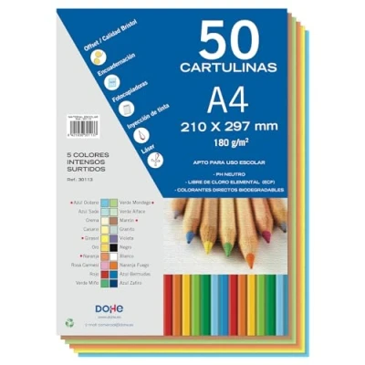 Imagen de Dohe Cartulinas A4 Colores Intensos para Manualidades e Impresión (50 uds.) 21x29,7 cm 180 g/m² Material de oficina