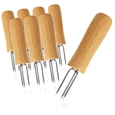 Imagen de COM FOUR® Tenedor para maíz 8x con 3 dientes de acero inoxidable, resistente a la oxidación brochetas reutilizables ayuda pelar patatas asadas (08 piezas madera)