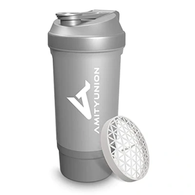 Imagen de AMITYUNION Proteína Shaker FYRA 700 ml a prueba de fugas, BPA libre, con tamiz y escala, para batidos cremosos, proteínas agitadores, aislamientos concentrados Iso Sport (plata)