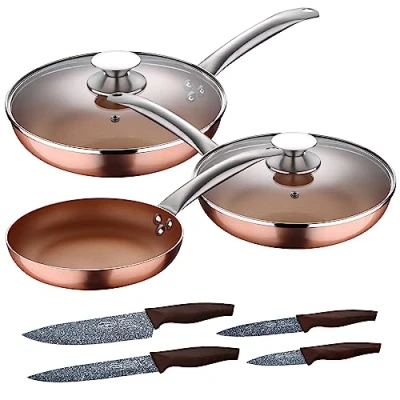 Imagen de San Ignacio Set 5pc sartenes 20,24,28 cm (con tapa) aluminio prensado inducción con 4pc cuchillos acero inoxidable