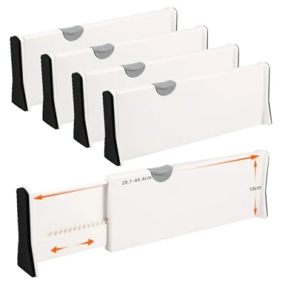 Imagen de BillyBath Organizador de cajones, separadores chublades, ajustables para almacenamiento ropa malla, cómoda, baño, cocina, armario, oficina, blanco, 28,1 44,4 cm, juego 4